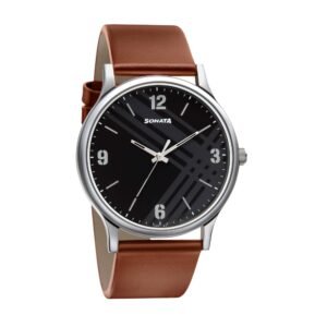 Sonata Smart Plaid in Black Dial Leather Strap Watch 77105SL02