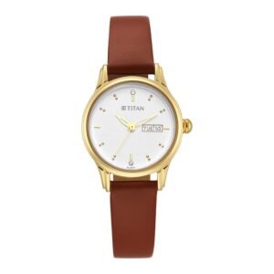Titan Lagan White Dial Analog with Day and Date Leather Strap Watch for Women 2656YL01