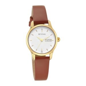 Titan Lagan White Dial Analog with Day and Date Leather Strap Watch for Women 2656YL01