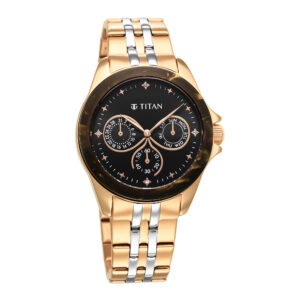 Titan acetate black dial analog with day and date stainless steel strap watch for Women – 95186KM02