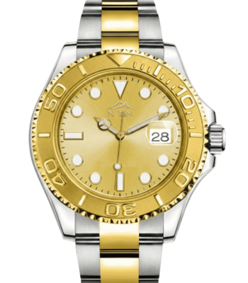 Elegant gold and silver men's watch with date display.