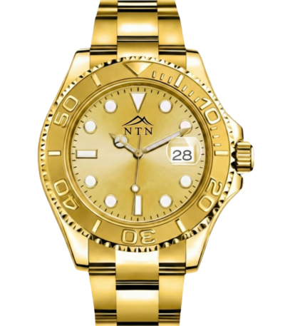 Golden dial steel strap watch for men with Japanese movement.