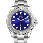 Stylish blue dial steel strap men's watch with Japanese movement.