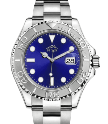 Stylish blue dial steel strap men's watch with Japanese movement.