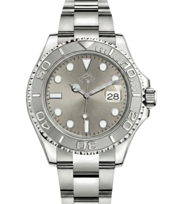 Elegant grey dial steel watch for men with Japanese movement.