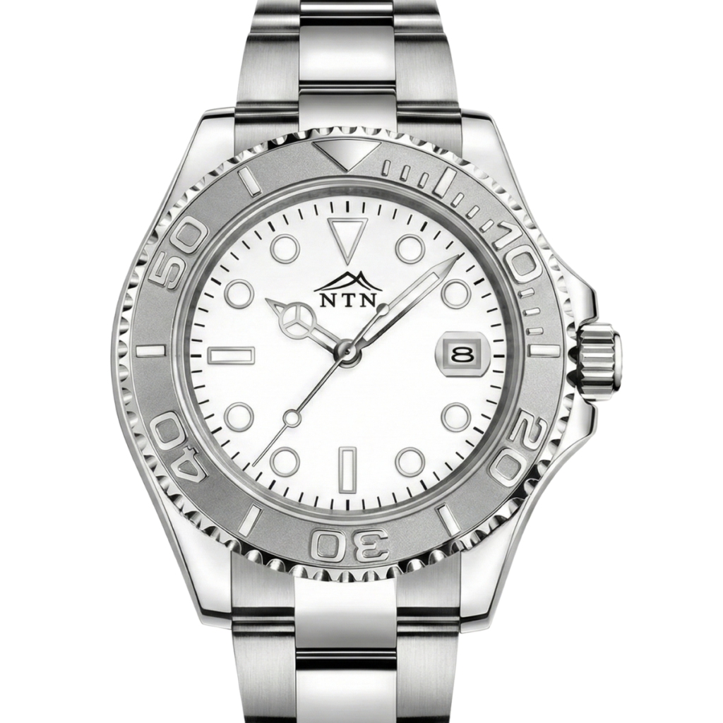 NTN multifunction white dial steel strap watch for men with Japanese movement.