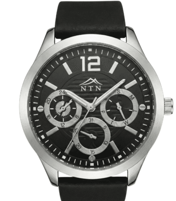 NTN multifunction black dial men's watch with leather strap and Japanese movement.