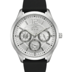 Elegant men's multifunction watch with white dial and leather strap.