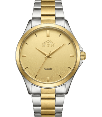 Elegant men's quartz watch with gold and silver steel strap.