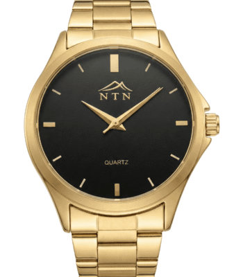 Tone men's quartz watch with black dial and steel strap.