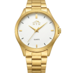 Gold-tone men's quartz watch with steel strap and white dial.