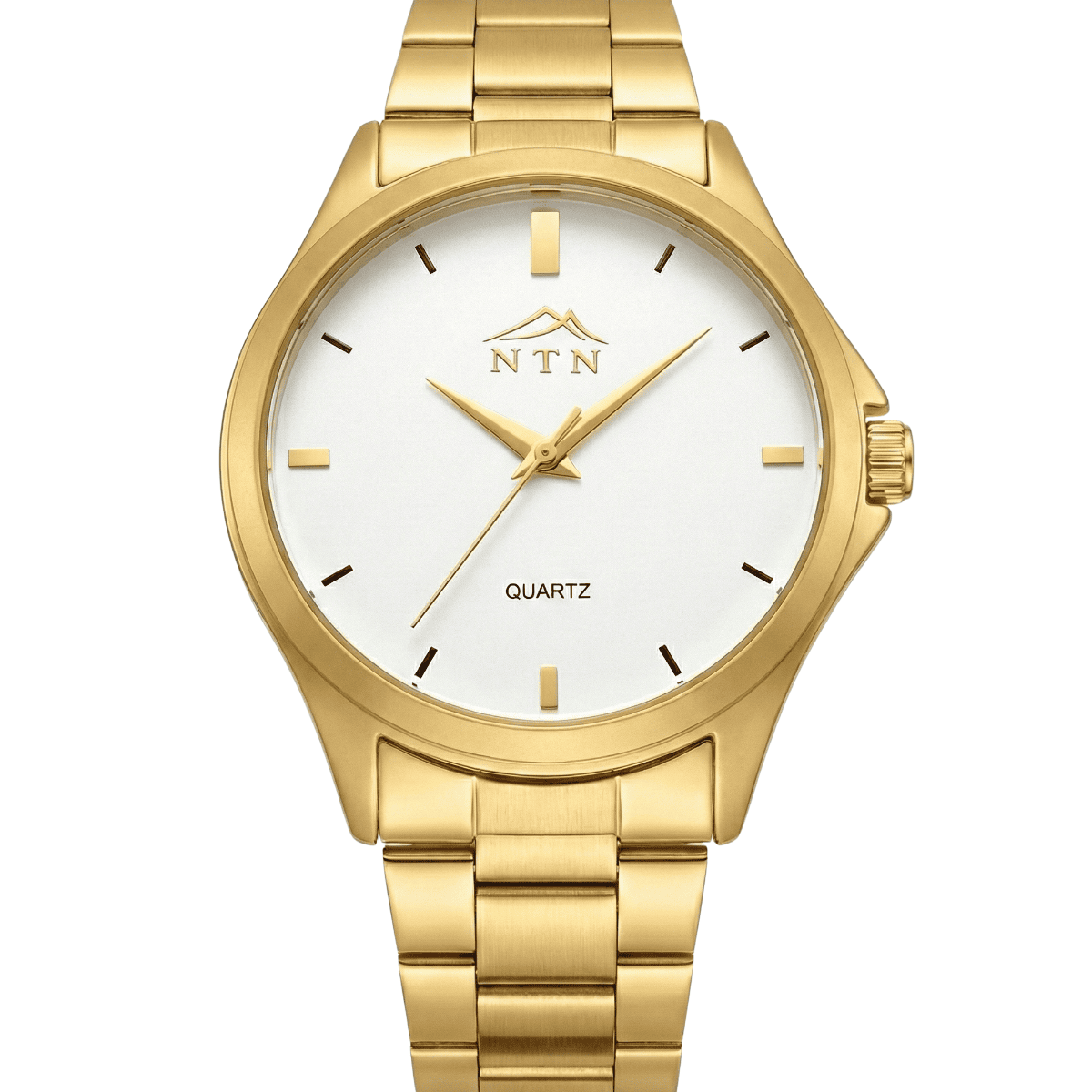 Nepal Trade Network Quartz Watch Gold-tone men's quartz watch with steel strap and white dial.