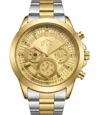 Elegant gold and silver men's multifunction watch with Japanese movement.