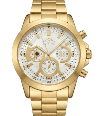 Elegant gold steel strap watch for men with Japanese movement.