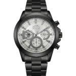 Elegant black steel strap watch with white dial and chronograph features.