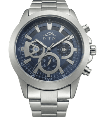 Men's blue dial steel strap watch with Japanese movement.