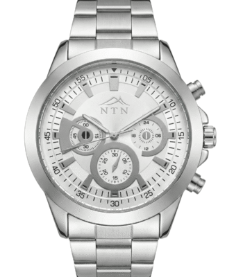 Elegant white dial steel strap watch for men with Japanese movement.