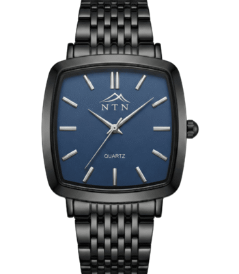 Men's quartz watch with blue dial and black steel strap, Japanese movement, stylish and durable.