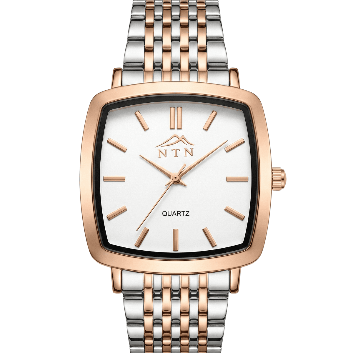 Quartz White Dial Steel Strap Watch for Men - Japanese Movt Elegant men's watch with white dial and steel strap, featuring Japanese movement and a rose gold cas.