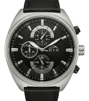 Elegant black dial men's leather strap watch with Japanese movement.