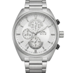 Stylish NTN multifunction watch with white dial and steel strap.
