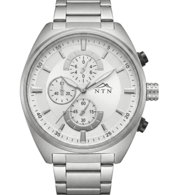 Stylish NTN multifunction watch with white dial and steel strap.