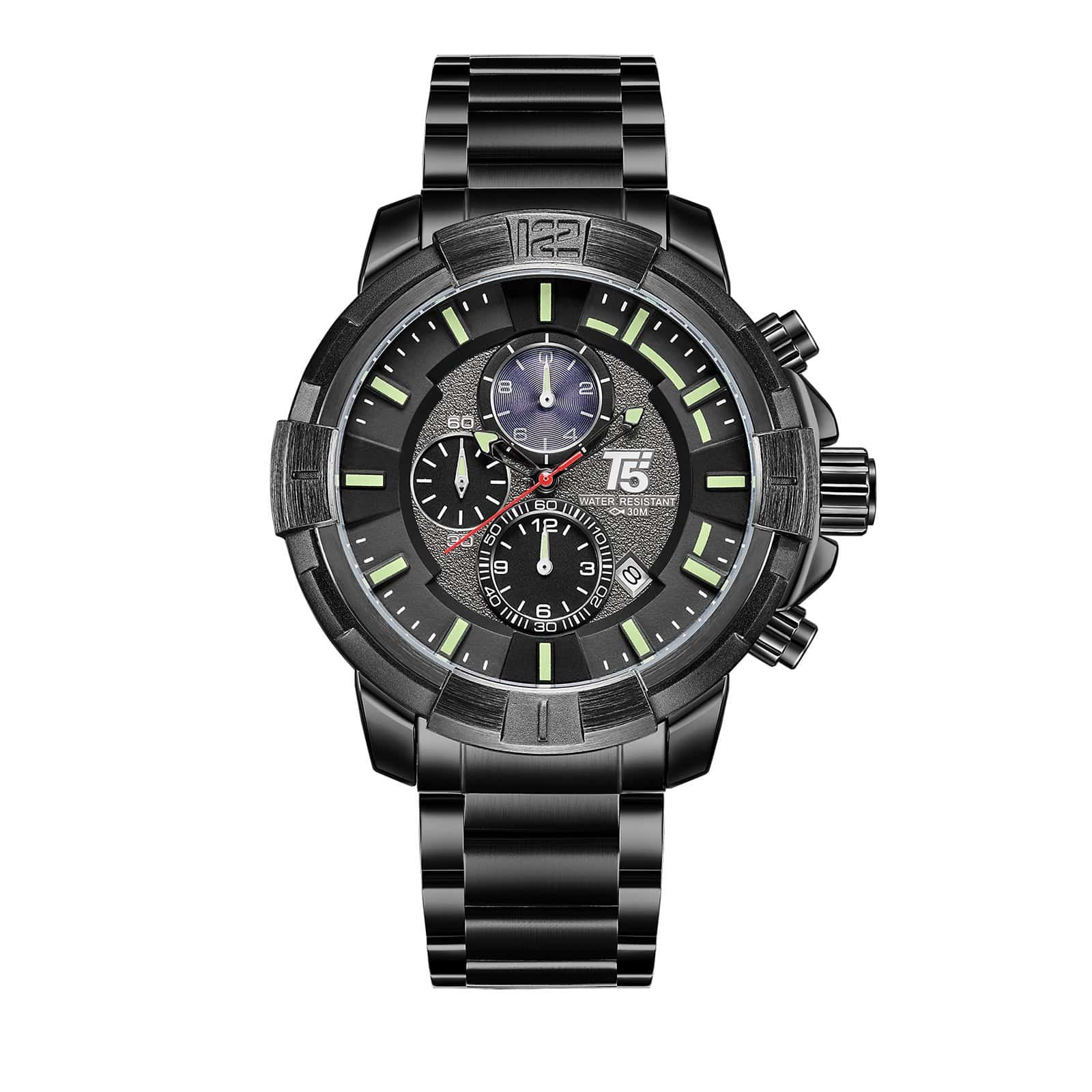 H3815G-CA.jpg T5- Black Dial Metal Strap chronograph Watch for Men H3815GC - Image 1