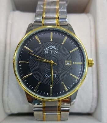 Elegant men's black dial chronograph watch with gold accents and metal strap.