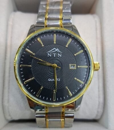 Elegant men's black dial chronograph watch with gold accents and metal strap.