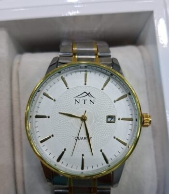 Elegant men's chronograph watch with black dial and metal strap.