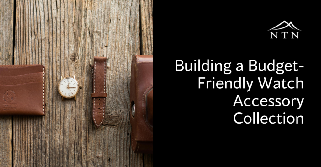 Stylish brown leather watch and accessories displayed on wood background.