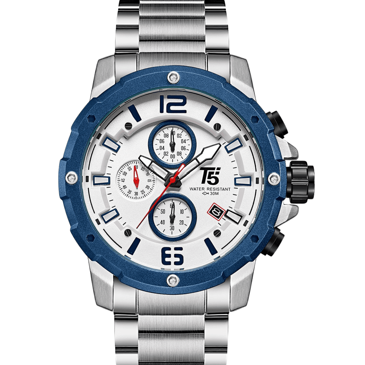 h3589gh-white-bg T5 Quartz Multifunction Chronograph Watch - White Dial - Metal Strap - Water Resistant - H3589GH - Image 1