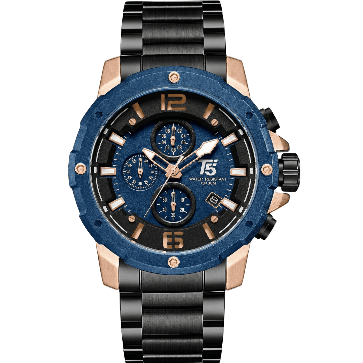 h3589gi-white-bg T5 Quartz Multifunction Chronograph Watch - Blue Dial - Metal Strap - Water Resistant - H3589GI - Image 1