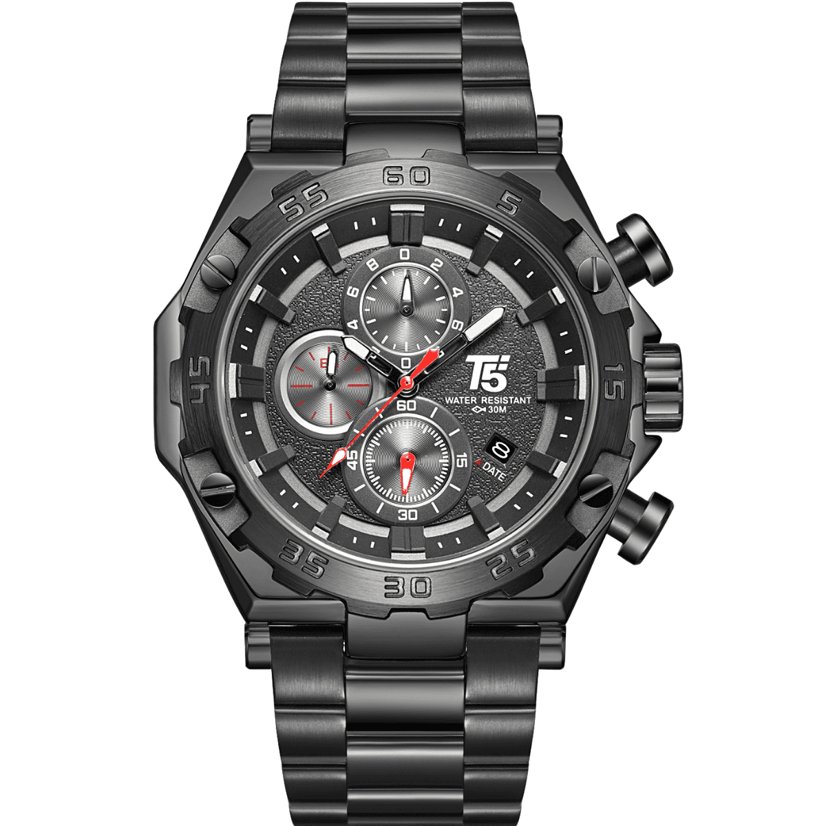 h3847gc-white-bg T5 Quartz Multifunction Chronograph Watch - Black Dial - Metal Strap - Water Resistant - H3847GC - Image 1