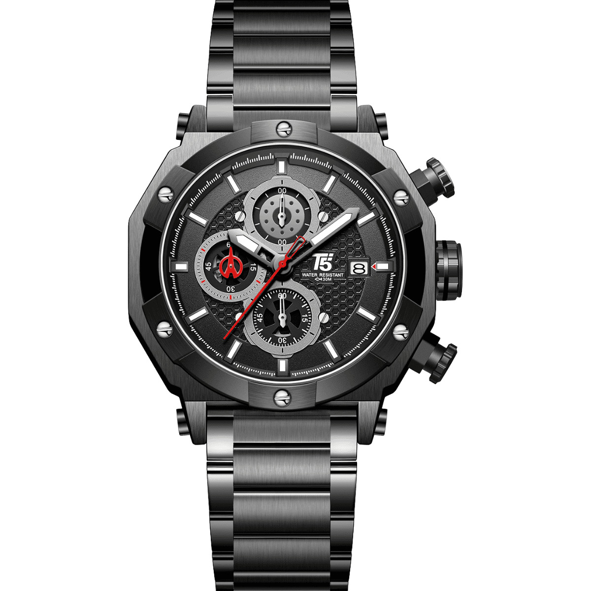 h4111gb-white-bg T5 Quartz Multifunction Chronograph Watch - Black Dial - Metal Strap - Water Resistant - H4111GB - Image 1