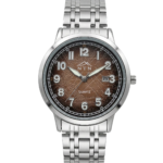 Stylish Nepal trade network watch with a silver band, mountain logo, and brown dial.