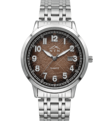 Stylish Nepal trade network watch with a silver band, mountain logo, and brown dial.