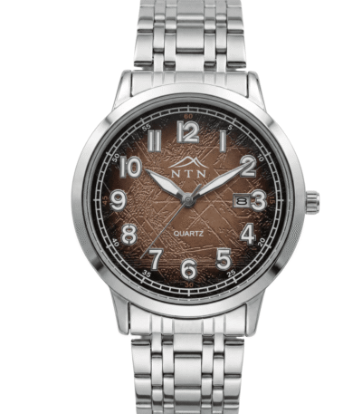 Stylish Nepal trade network watch with a silver band, mountain logo, and brown dial.