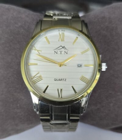 Men's quartz watch with white dial, gold accents, and stainless steel strap. Features date display a.