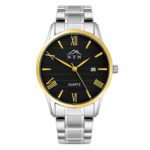 Men's steel strap watch with black dial and date display.
