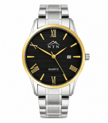 Men's steel strap watch with black dial and date display.