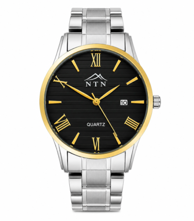 Men's steel strap watch with black dial and date display.