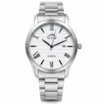 Stainless steel men's watch with white dial and date display.