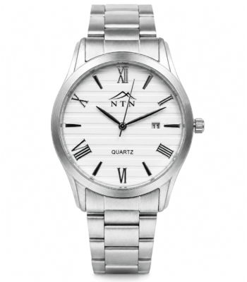 Stainless steel men's watch with white dial and date display.