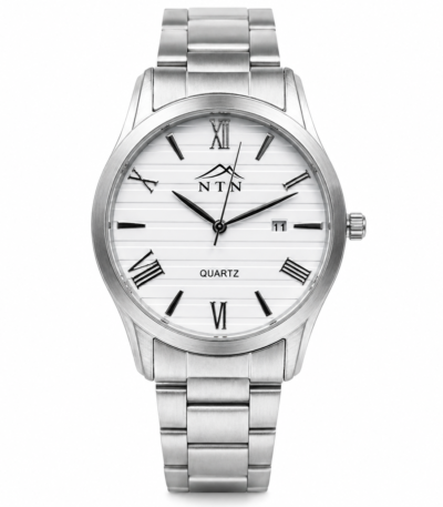 Stainless steel men's watch with white dial and date display.