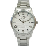 Elegant silver wristwatch featuring Roman numerals, date window, and quartz movement.