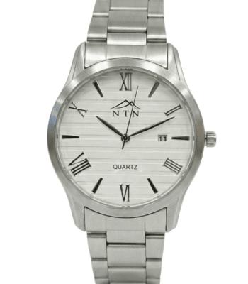 Elegant silver wristwatch featuring Roman numerals, date window, and quartz movement.