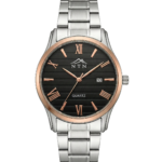 Stylish men's watch with black dial, rose gold accents, date feature, and stainless steel strap.