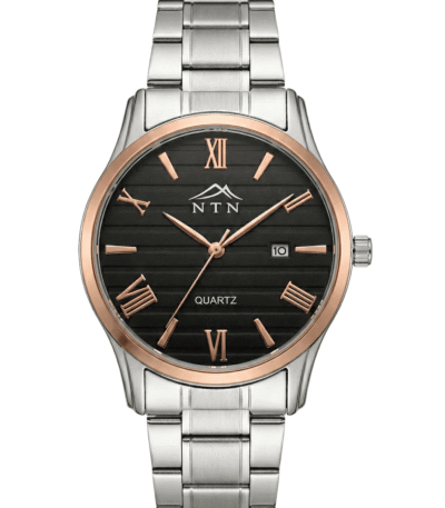 Stylish men's watch with black dial, rose gold accents, date feature, and stainless steel strap.