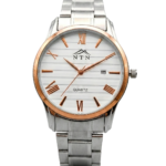 Stylish men's wristwatch featuring a silver strap, rose gold rim, and white dial with Roman numerals.